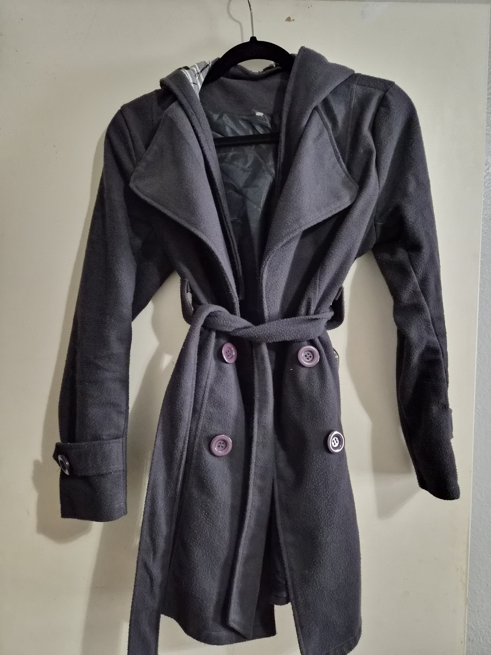 Women's Charcoal Gray Hooded Belted Coat